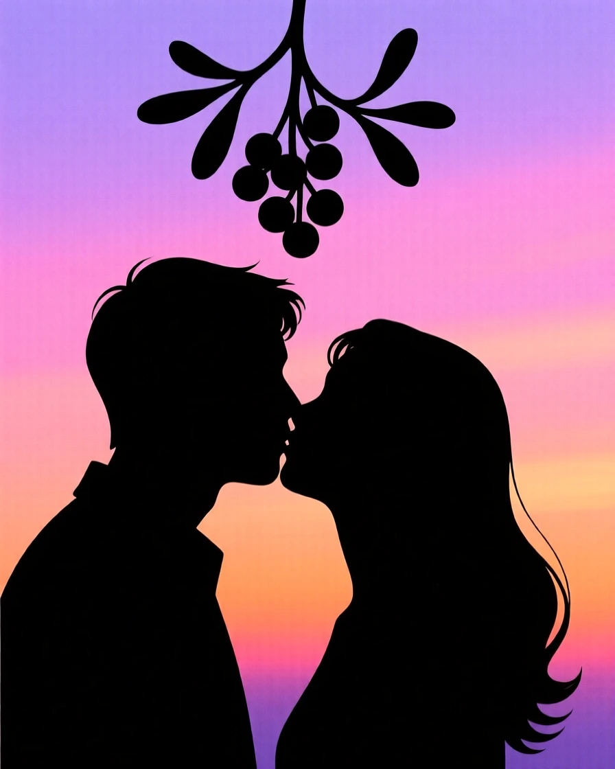 A couple sharing a quiet kiss beneath a sprig of hanging mistletoe.