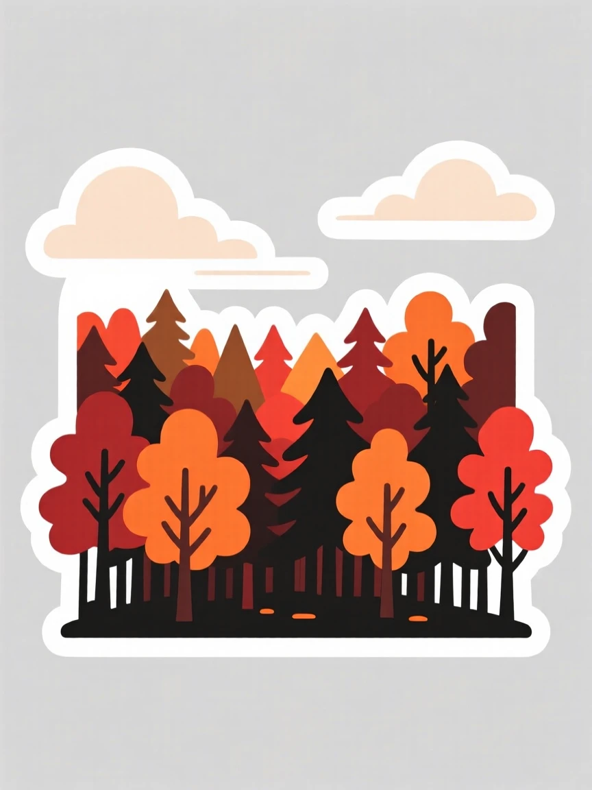 A calm and quiet autumn forest with fiery red and orange leaves, with soft clouds drifting overhead, as the seasons begin to change.