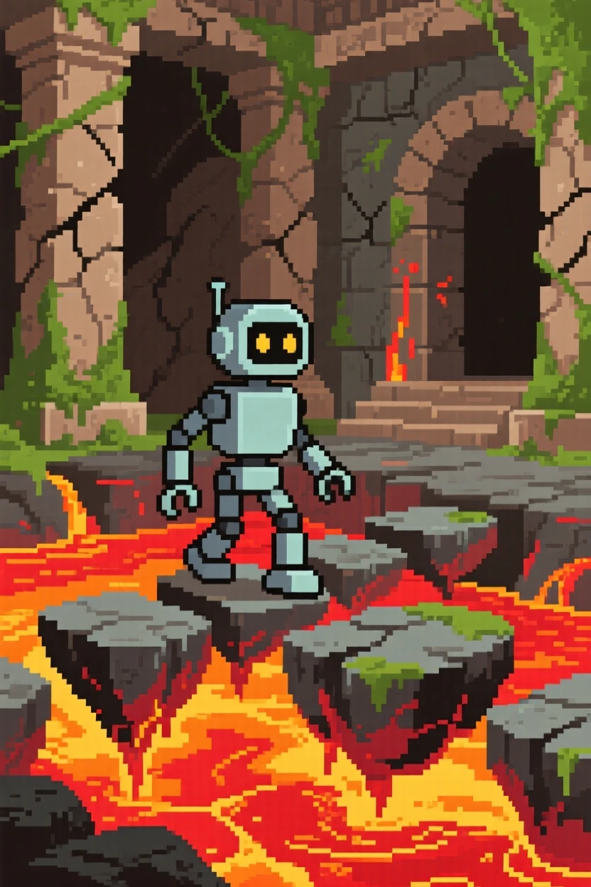 A robot companion crossing a lava-filled cavern on floating rocks, inside an overgrown ancient temple.