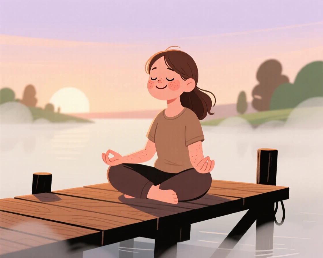 A young woman practices slow breathing exercises on a wooden dock at sunrise, breathing slowly as soft mist surrounds them.
