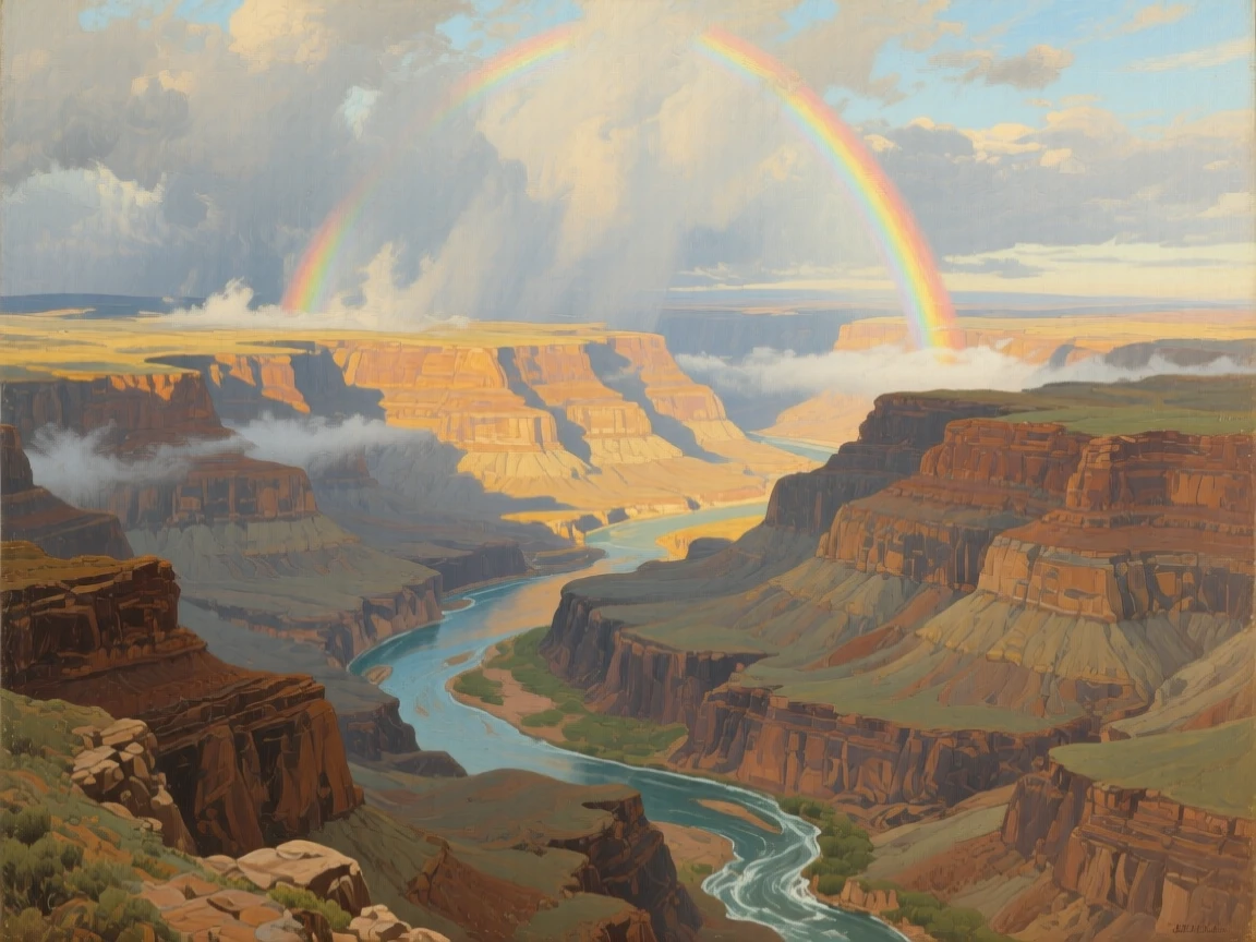 A sweeping aerial perspective of a dramatic canyon carved by centuries of flowing water, under a rainbow after a storm, in early morning light.