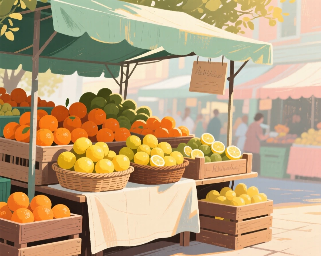 A market stall piled high with ripe oranges and lemons