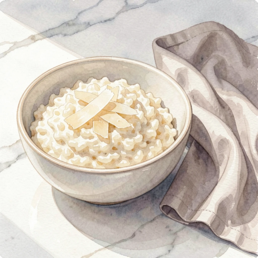 A bowl of creamy risotto with parmesan shavings on a marble countertop beside a folded linen napkin.