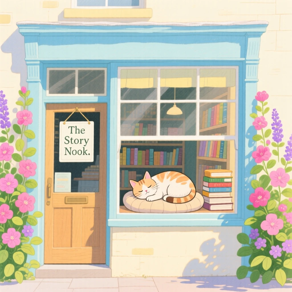 A small bookshop with a sleeping cat in the window, framed by blooming flowers and soft afternoon light.