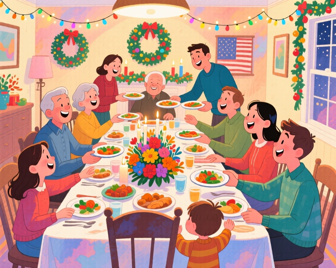 A big family gathered for a holiday dinner passing dishes around the table, in a festively decorated dining room, with laughter caught mid-motion, gratitude and warmth of togetherness.