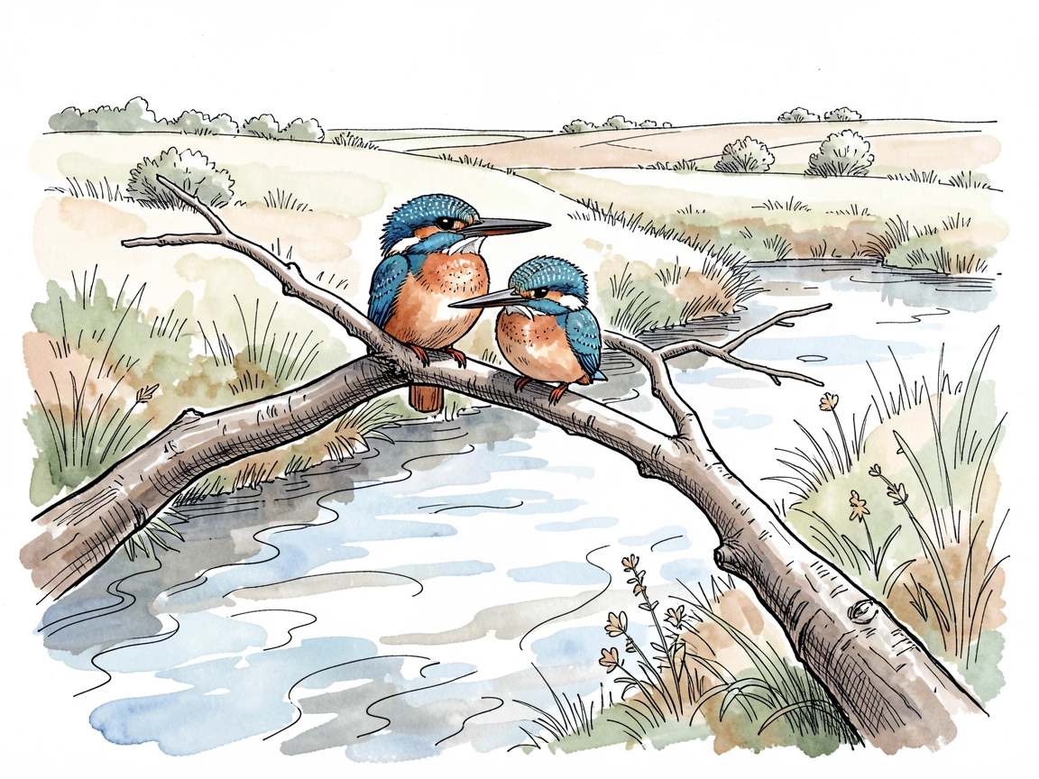 A pair of kingfishers perched above a slow-moving stream, the surrounding landscape stretching wide and open behind them.