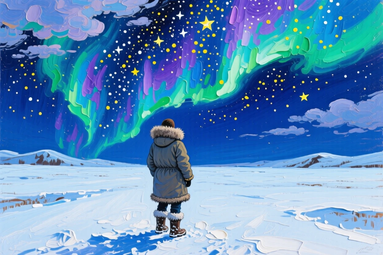 Above a vast, empty stretch of open plain, the aurora borealis dancing above a snow-covered landscape, a solitary figure standing in quiet awe, as clouds part to reveal a brilliant starfield.