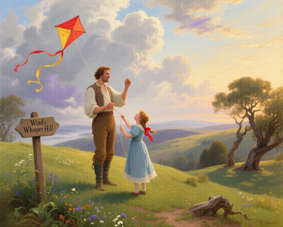 A father and daughter fly a kite together on a windy hillside.