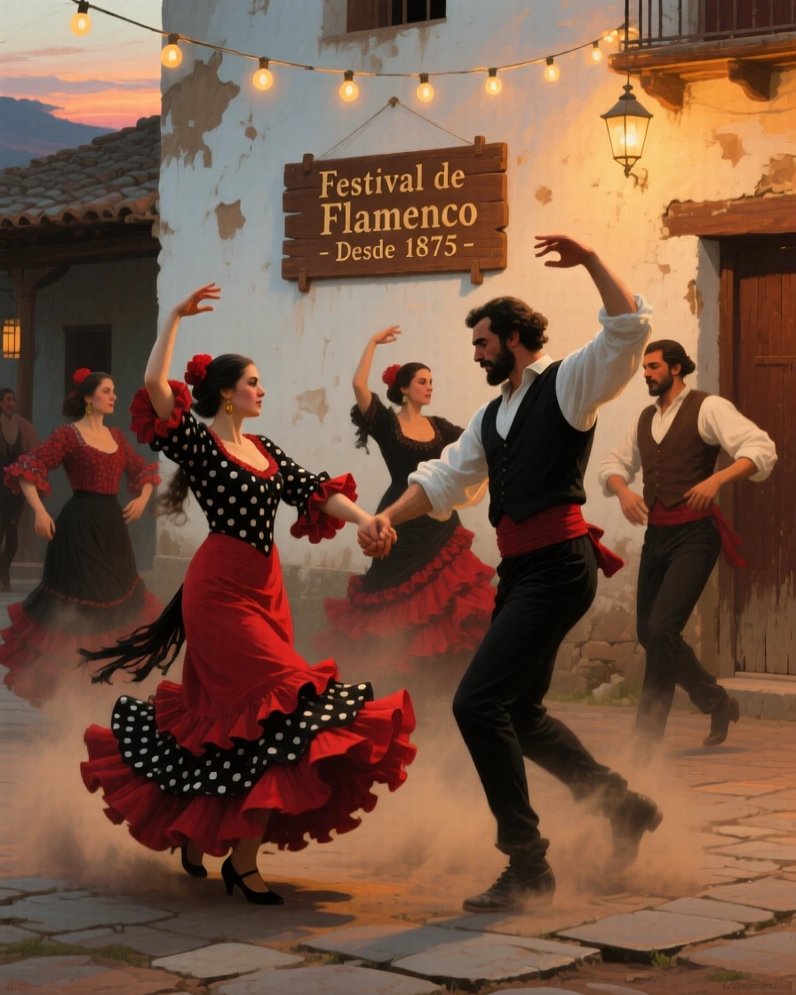 Spanish flamenco dancers performing passionately beneath string lights, with dust and motion conveying the energy of the historical moment, offering a vivid window into a fascinating moment of human history