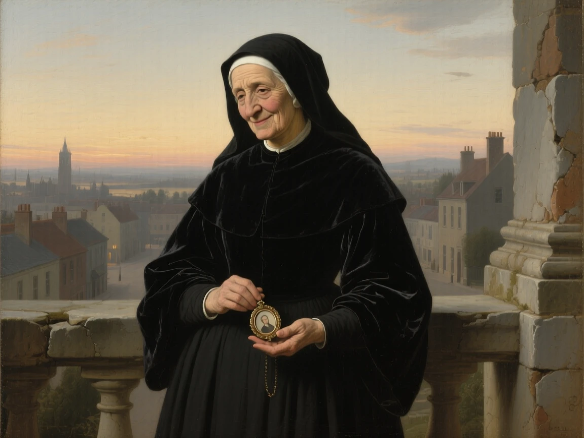 A widow in mourning black gazing at a locket portrait lost entirely in private thought, set on a stone balcony overlooking a quiet town at dusk, with a faint, knowing smile just touching the corner of the mouth; the hands are given equal storytelling weight alongside the face, radiating warmth, humility, and lived experience.