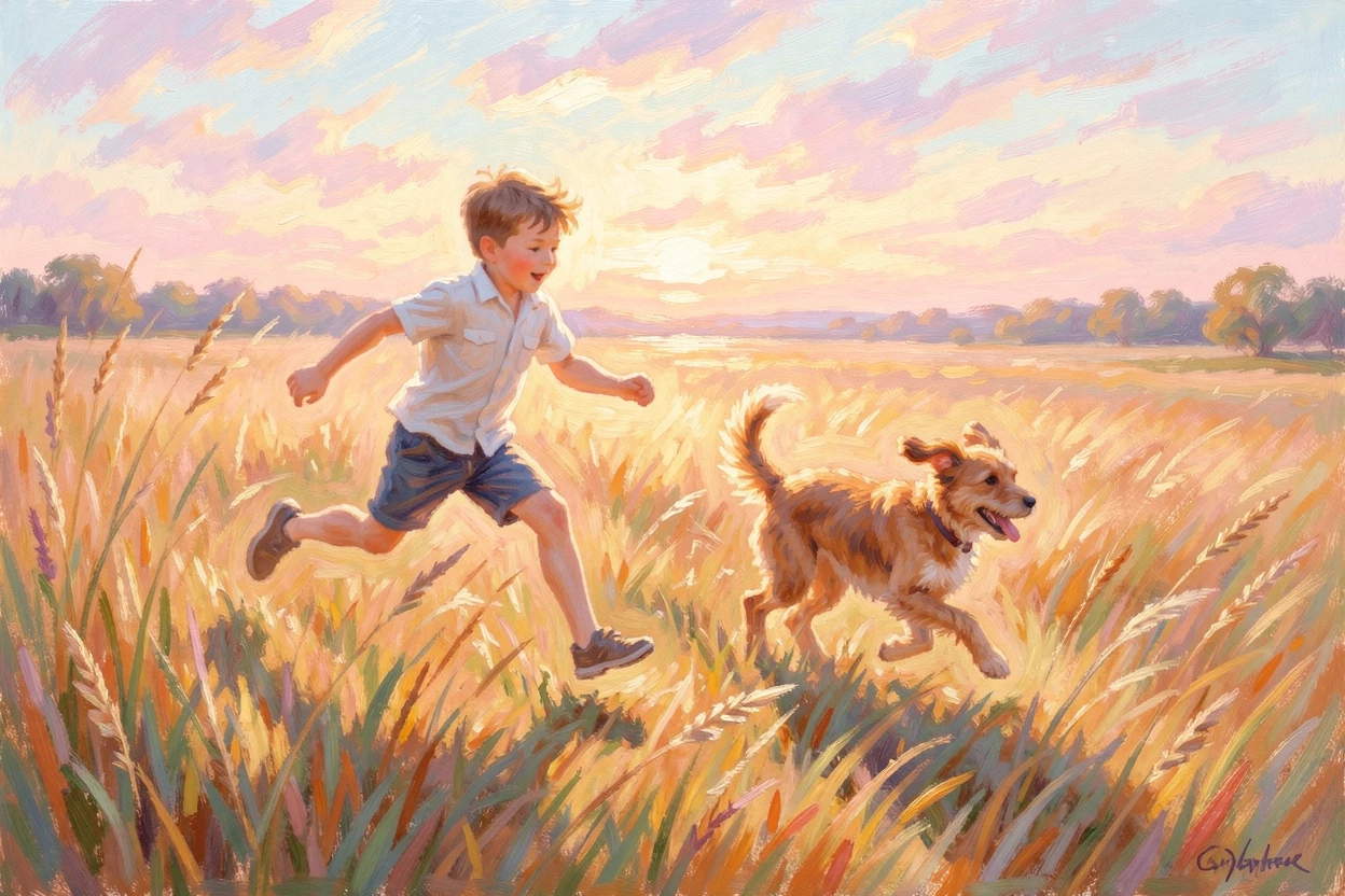 A little boy and his dog running through a field of tall grass, both caught mid-leap with joy, under a glowing sunset sky.