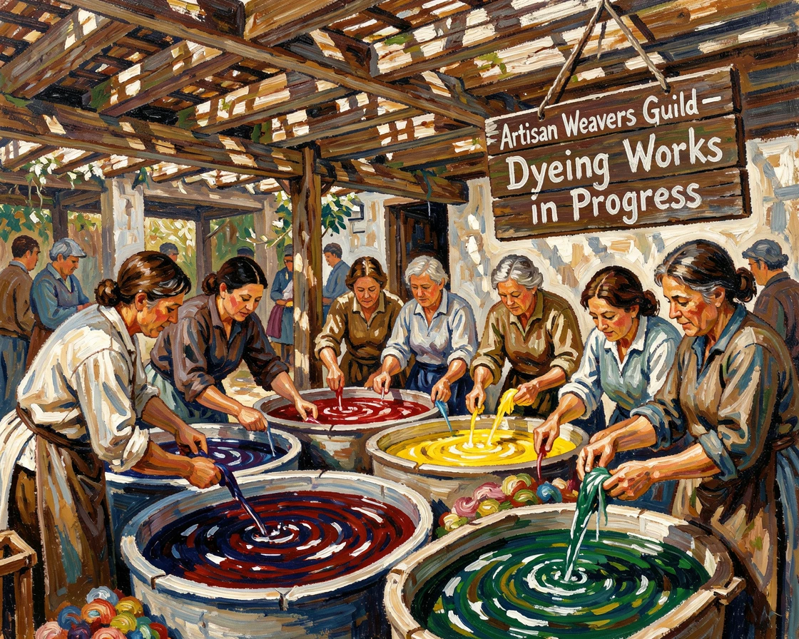 A group of weavers dyeing skeins of wool in vibrant vats beneath an open-air shed.