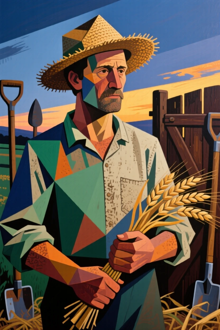 A medium shot portrait of a farmer on a quiet evening after closing up shop, focused and content in the craft.