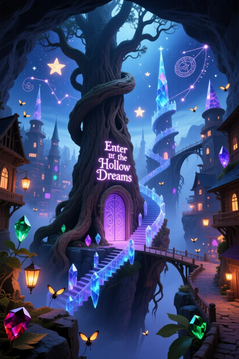 A city built inside the hollow of a giant tree trunk sits quietly at the edge of an endless staircase, and stars seem to nest between its stones.
