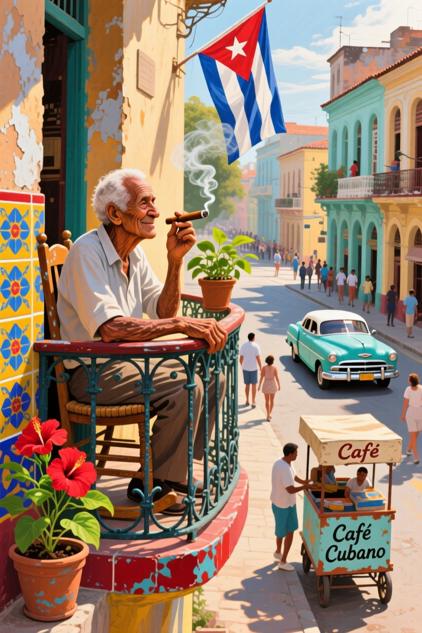 An elderly Cuban man sits on a colorful balcony smoking a cigar, weathered hands resting on the iron railing as the street bustles below, their surroundings offering subtle clues about culture, place, and the moment being lived.