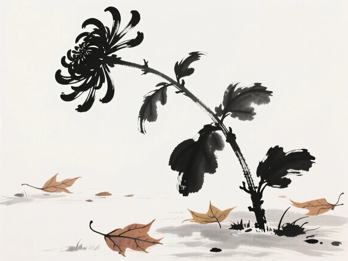 A single chrysanthemum stem bends gently under an autumn breeze, as autumn leaves scatter across the ground nearby.