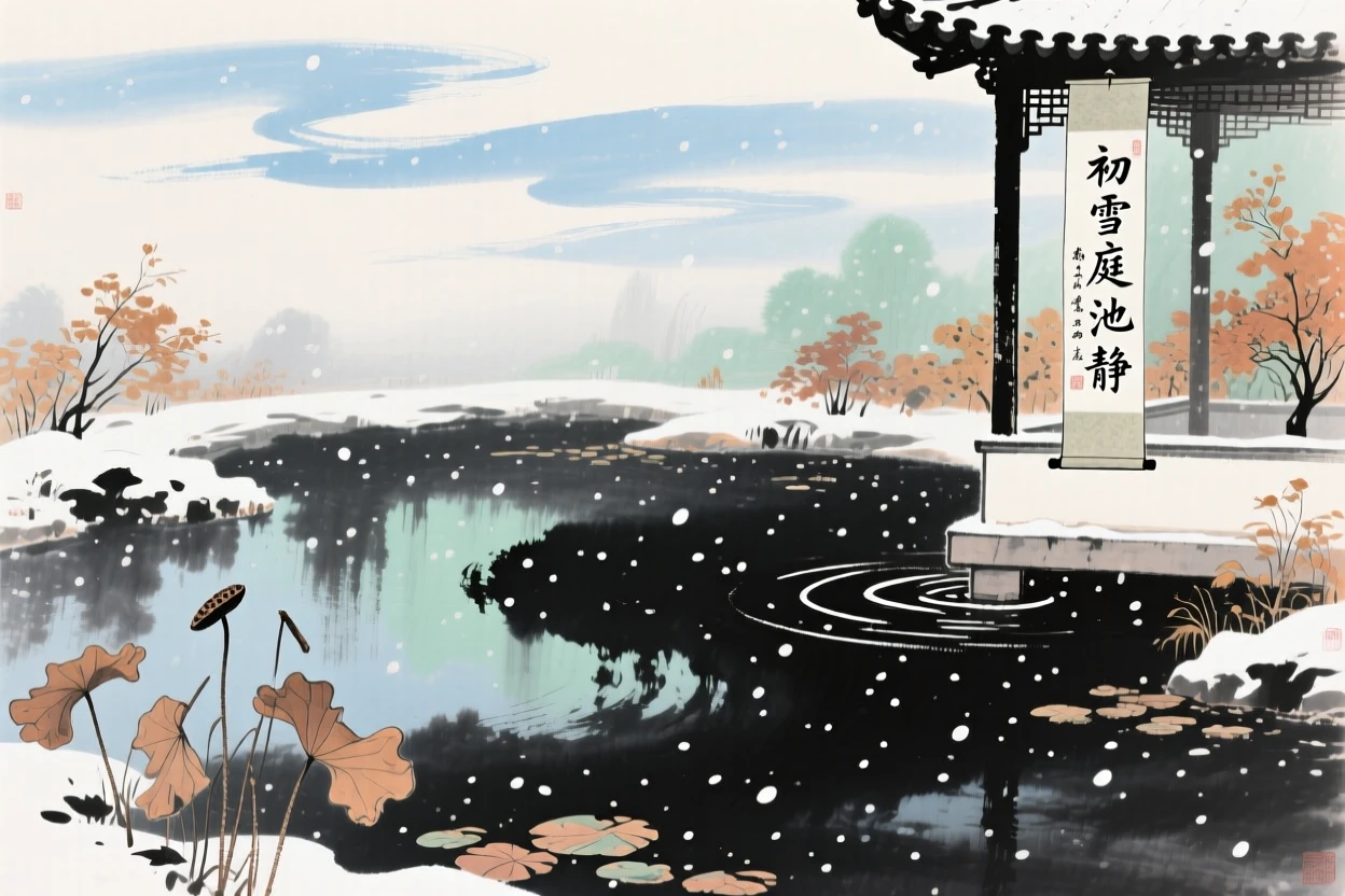 The stillness of a garden pond just before the first snow falls, in late autumn, under a sky streaked with clouds.