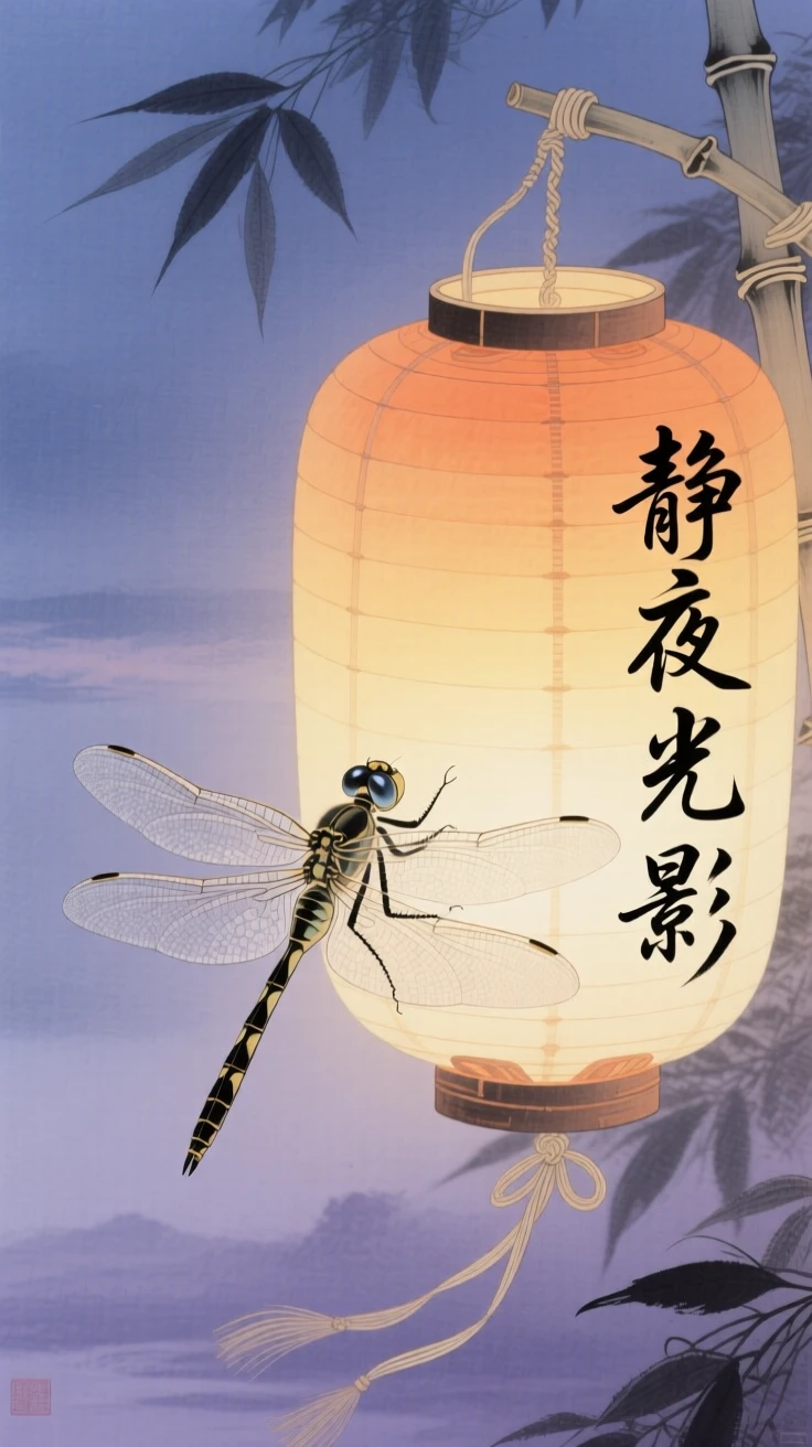 A dragonfly with translucent wings near a paper lantern at twilight