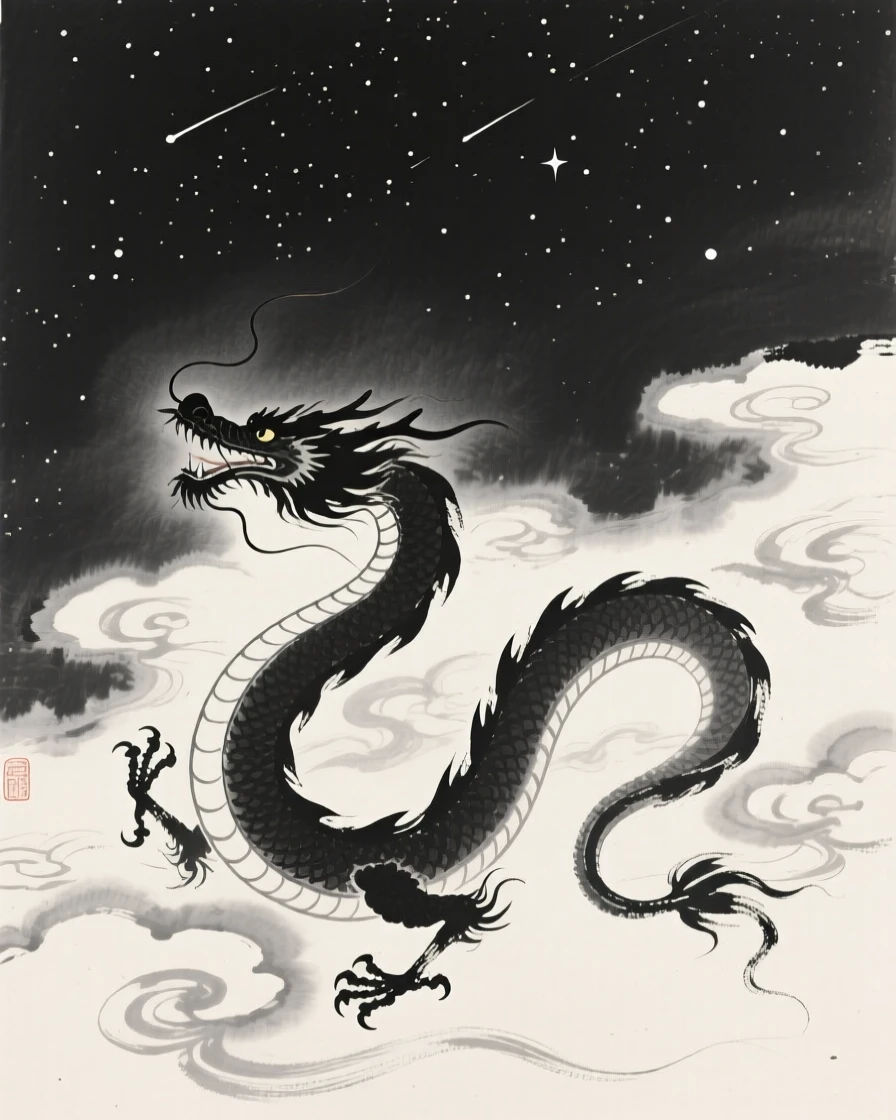 A serpentine dragon coiling through drifting clouds over a vast, star-filled night sky, seen from below, looking up in quiet awe, conveying graceful power and serene majesty.