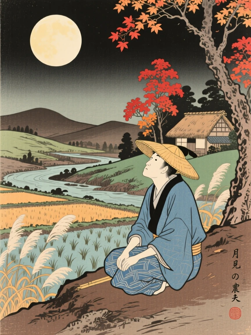 A resting farmer gazing thoughtfully at a full moon.