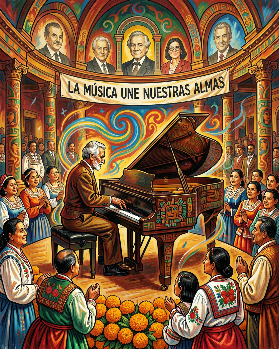 A pianist performing in a grand concert hall
