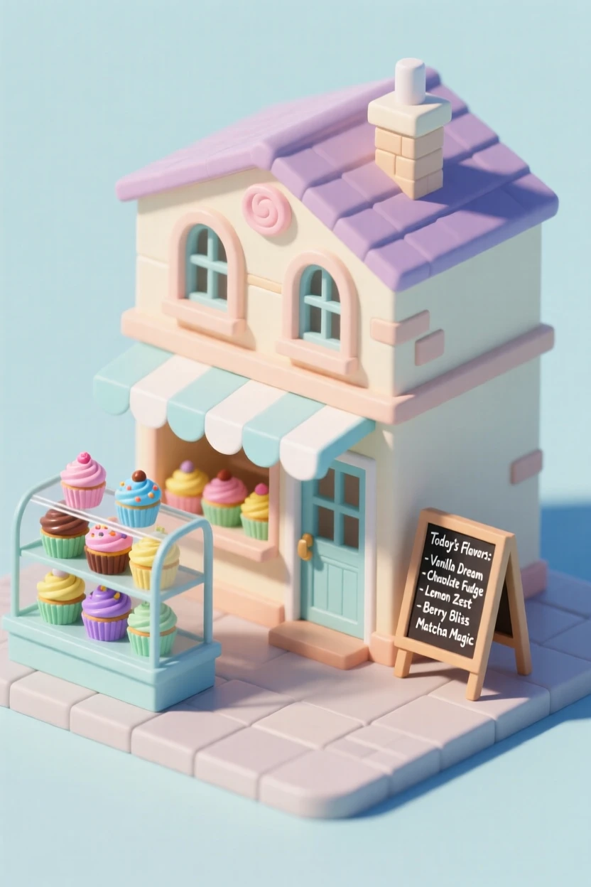A quaint cupcake bakery with a display case of frosted treats in every color, a chalkboard listing today's flavors.