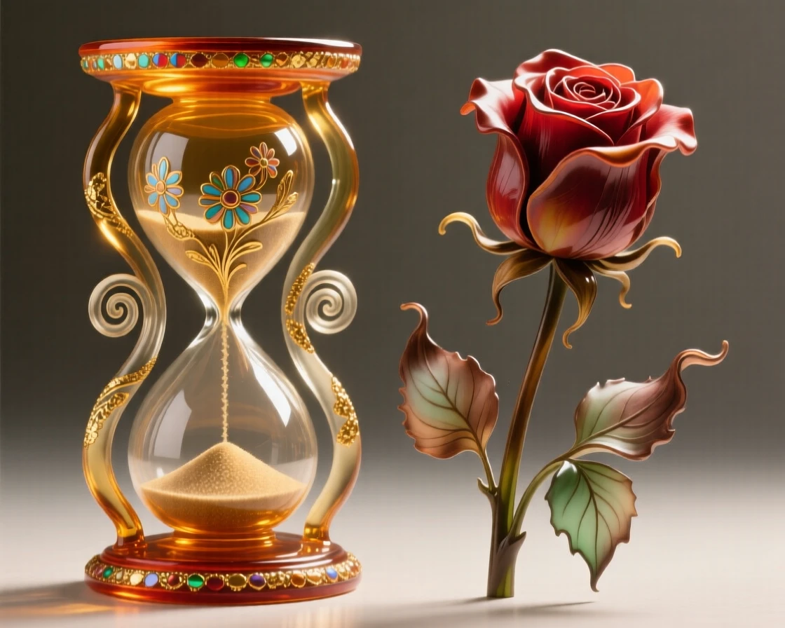 A grand hourglass beside a wilting rose, symbolic of time and beauty, poetic and evocative.