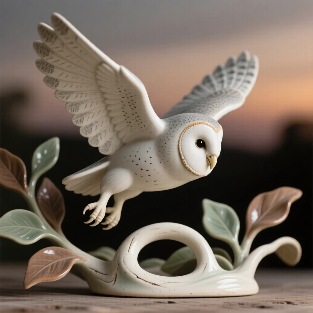 A barn owl gliding silently at dusk resting quietly amid soft foliage, its wings dusted with delicate, intricate patterns, conveying effortless elegance in motion.