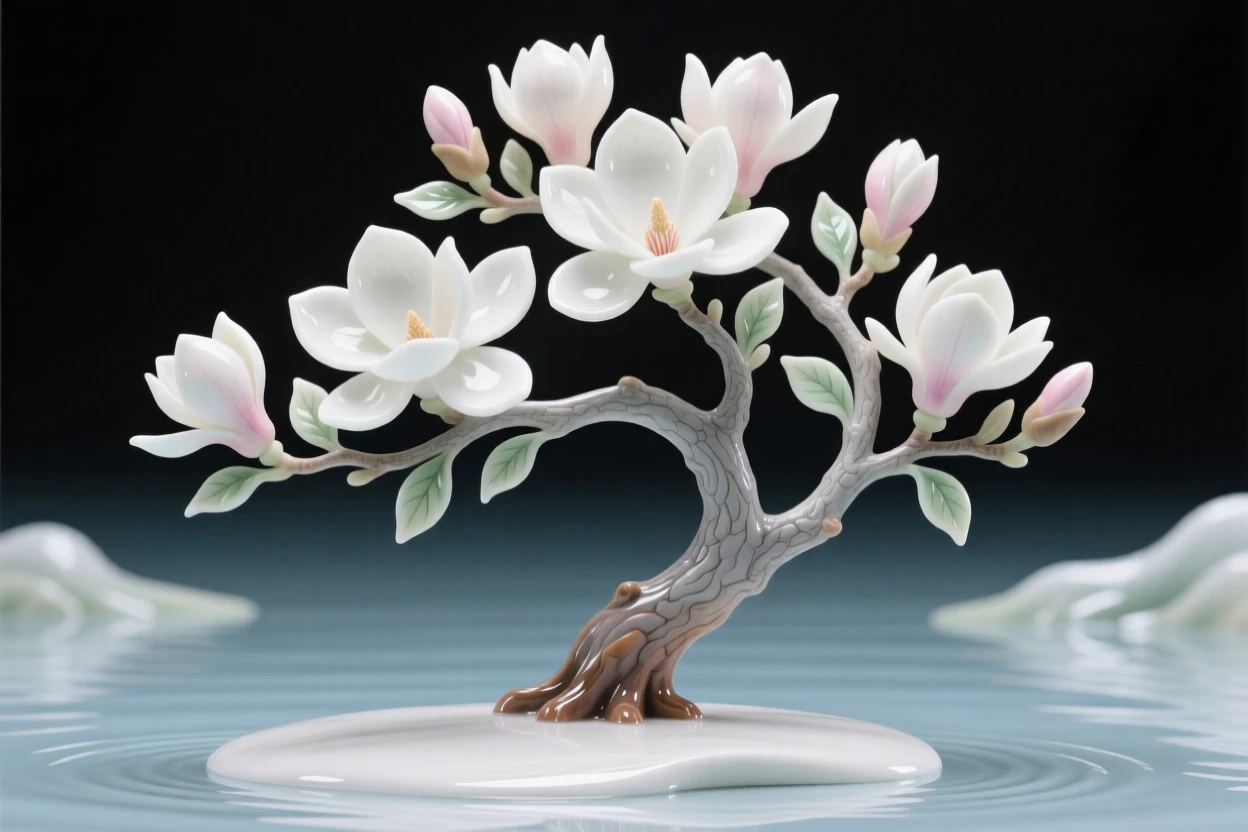 A blossoming magnolia tree in full spring bloom in a quiet lakeside setting.