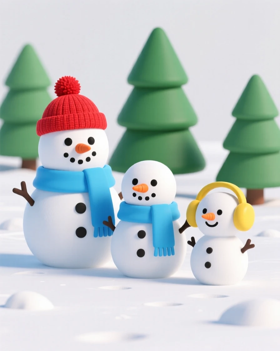 A jolly snowman family stands together in a snowy yard, each wearing a different colorful winter accessory.