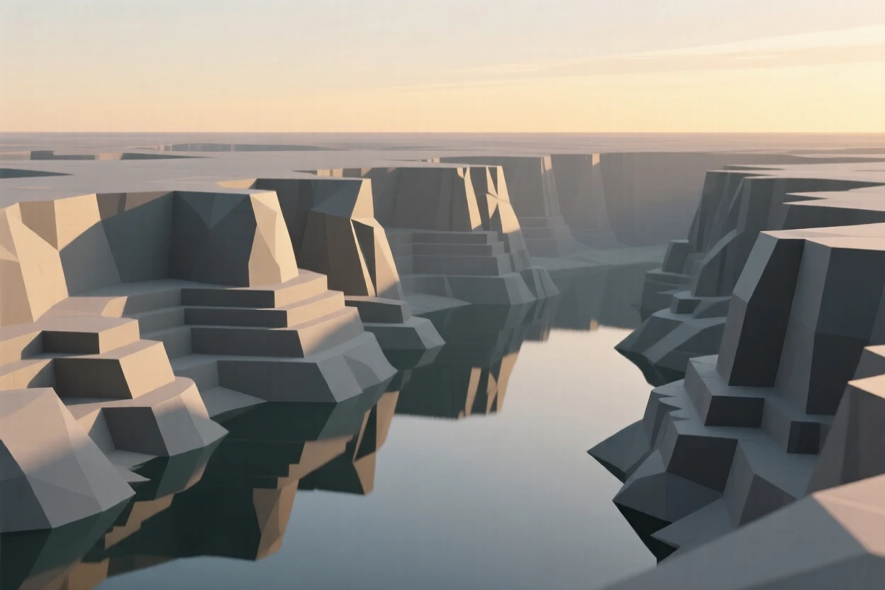 A canyon carved by centuries of wind and water, during the golden hour before dusk. reflections in the water double the scene's beauty. The scene feels vast and awe-inspiring.