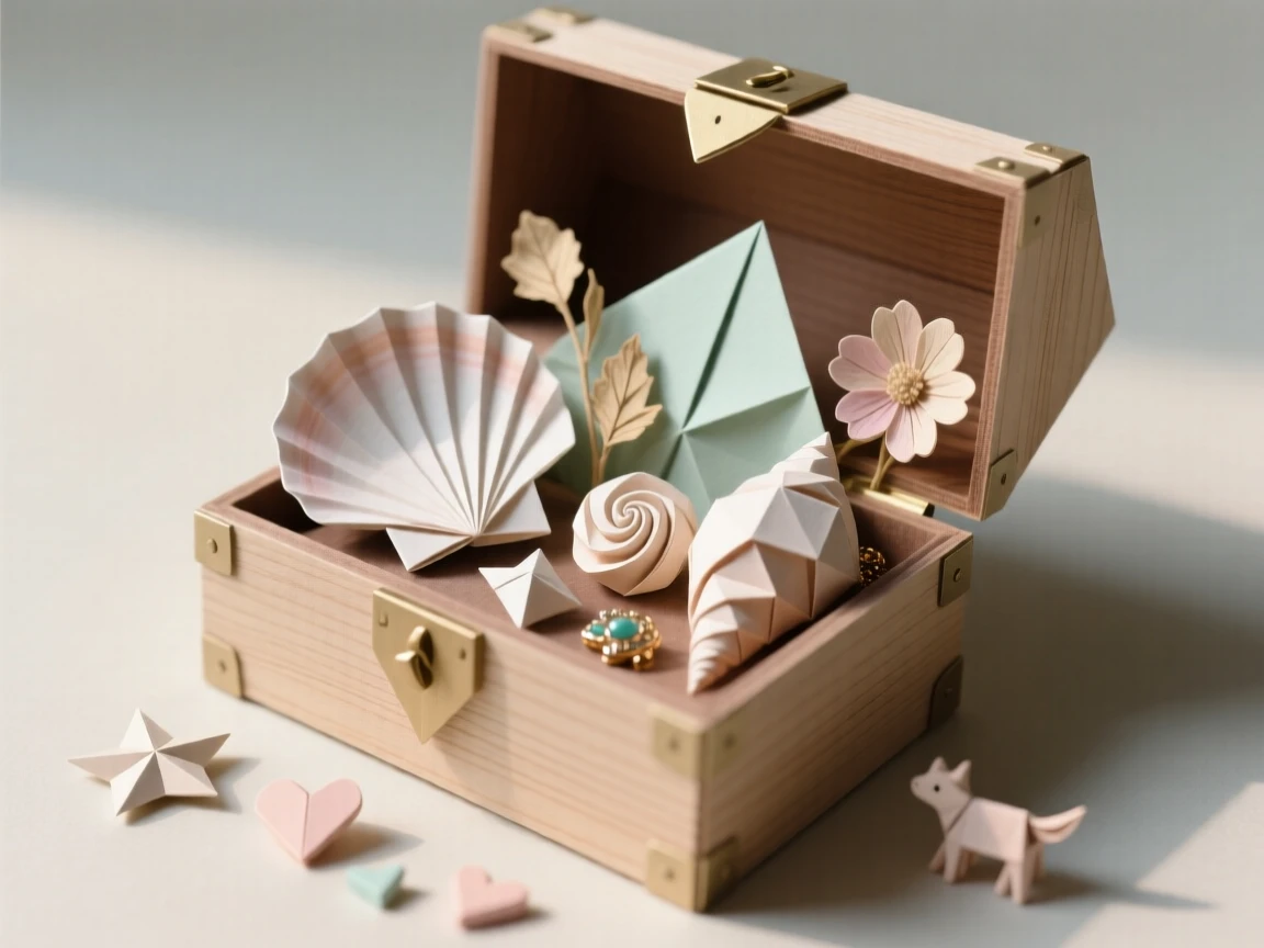 A child's treasure box filled with seashells, pressed flowers, and small trinkets.