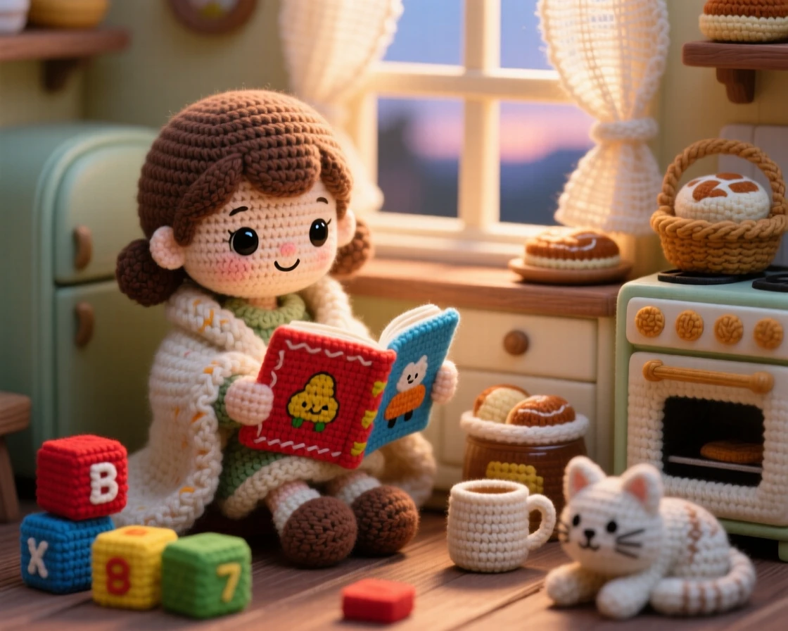a little girl reading by window light, wrapped in a warm blanket, is shown turning the page of a picture book within a quiet kitchen filled with the smell of baking beside a scattering of colorful toy blocks, capturing warm familial love and simple comfort.