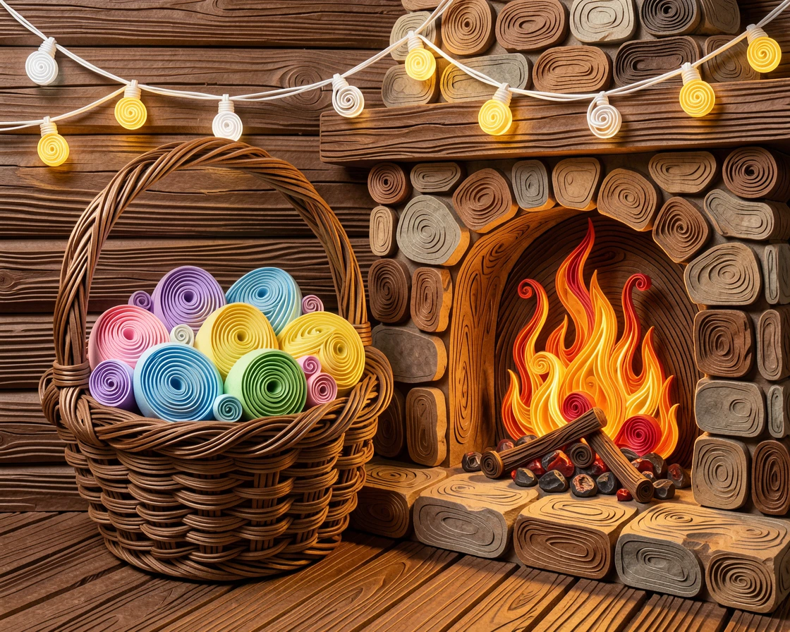 a basket overflowing with pastel Easter eggs, beside a crackling fireplace in a rustic cabin, shown from a warm, intimate close-up perspective, under the warm glow of string lights.