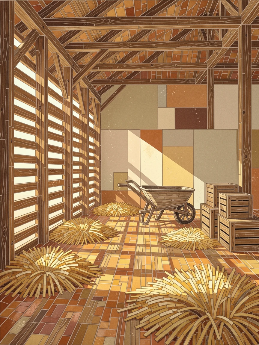 A rustic barn interior with soft light streaming through wooden slats, with soft warm lighting and an inviting, peaceful atmosphere.
