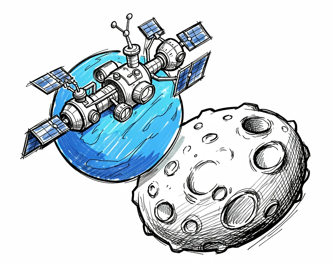 A space station orbiting a blue planet beside a cratered lunar landscape.
