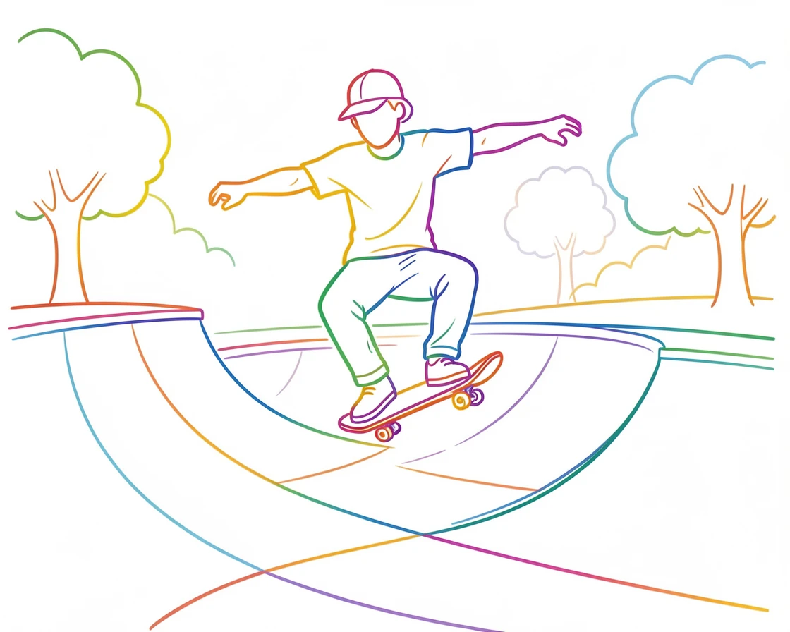 A skateboarder performing a trick at a sunlit skate park.