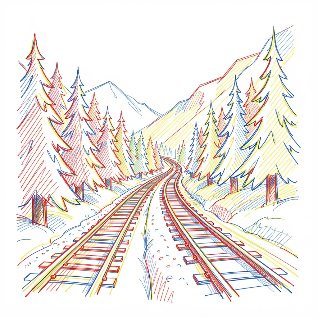 A grand mountain railway winding through snow-covered pines