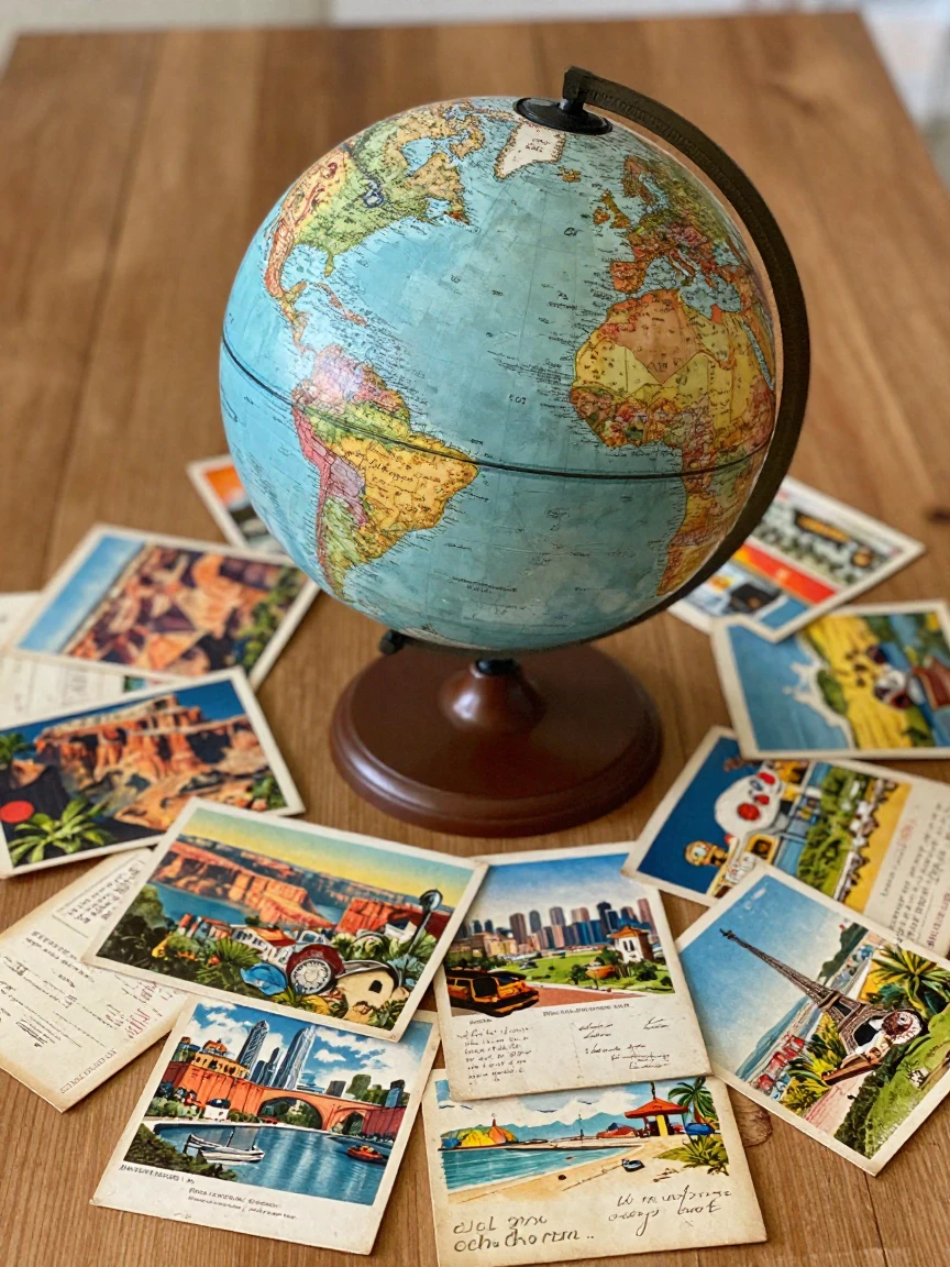 A globe surrounded by vintage travel postcards