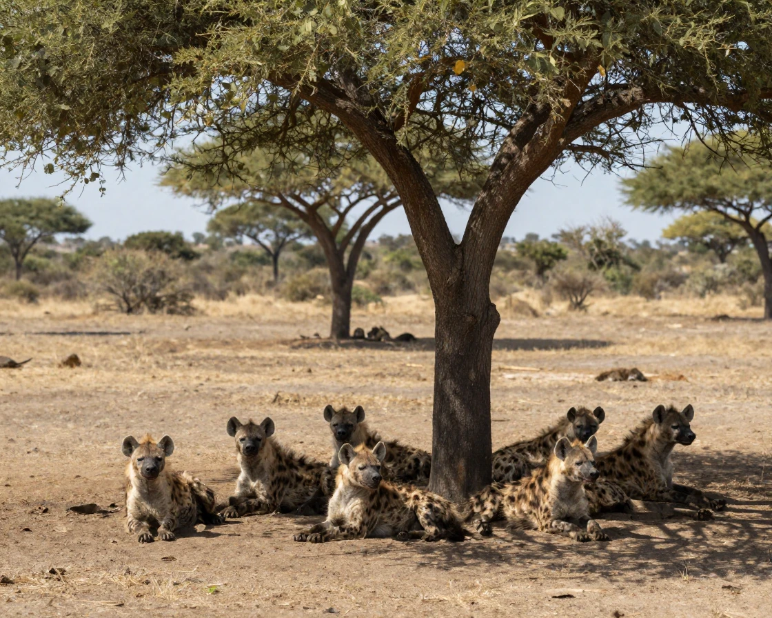 A pack of hyenas rests in the shade during the hottest part of the day.
