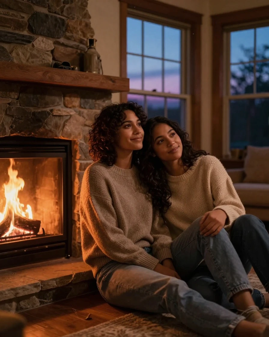 Best friends leaning on each other's shoulders beside a crackling fireplace at dusk, content and unhurried