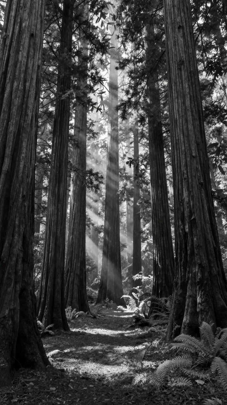 A towering redwood grove rises silently over a quiet forest floor deep within an ancient forest.