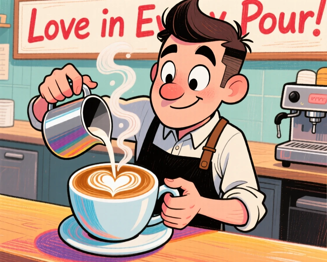 A barista carefully pouring a heart-shaped design into a cappuccino.