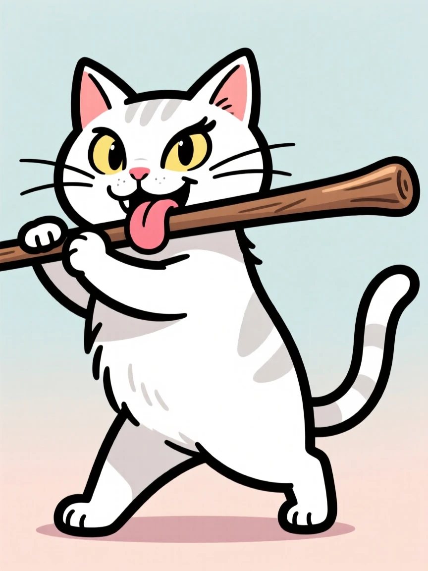 A playful pet moment featuring a regal white cat proudly carrying a stick twice its size, with its tongue lolling out sideways.