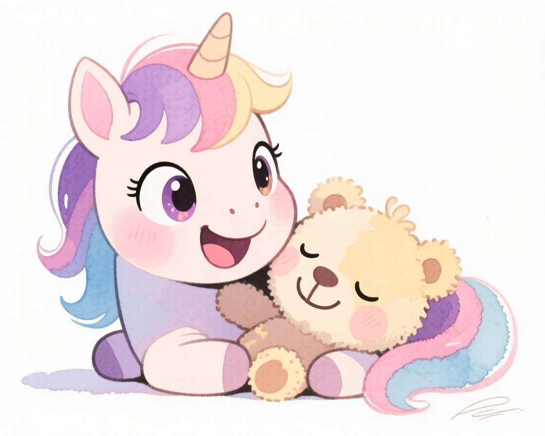 A miniature pony snuggled up with a stuffed toy