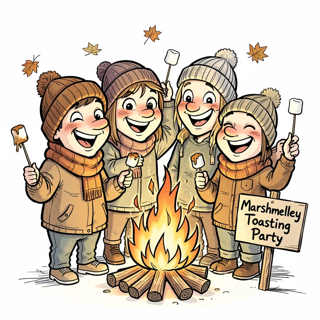 [Seasonal Holidays & Celebrations] Festive scene of friends toasting marshmallows over a bonfire on a chilly autumn night, full of celebration and joy