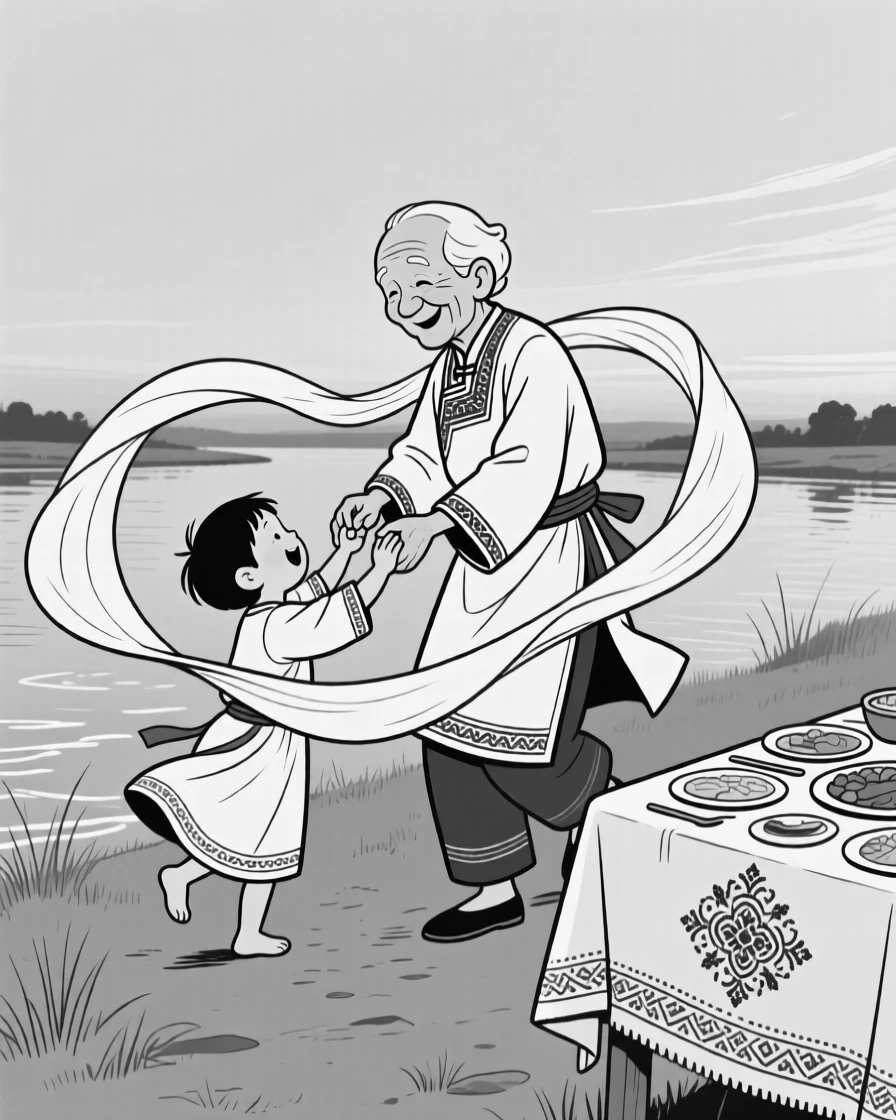 An elder blessing a young child during a ceremony, spinning together in a whirl of fabric and laughter, set beside a riverbank at twilight. A embroidered tablecloth peeks out beneath the feast. It captures the warmth of celebration shared across generations.