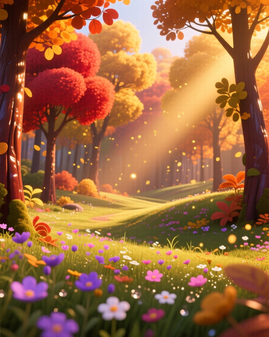 A autumn forest ablaze with color glows as golden hour light bathes everything in warm color, with wildflowers scattered across the foreground. A calming stillness settles over the landscape.