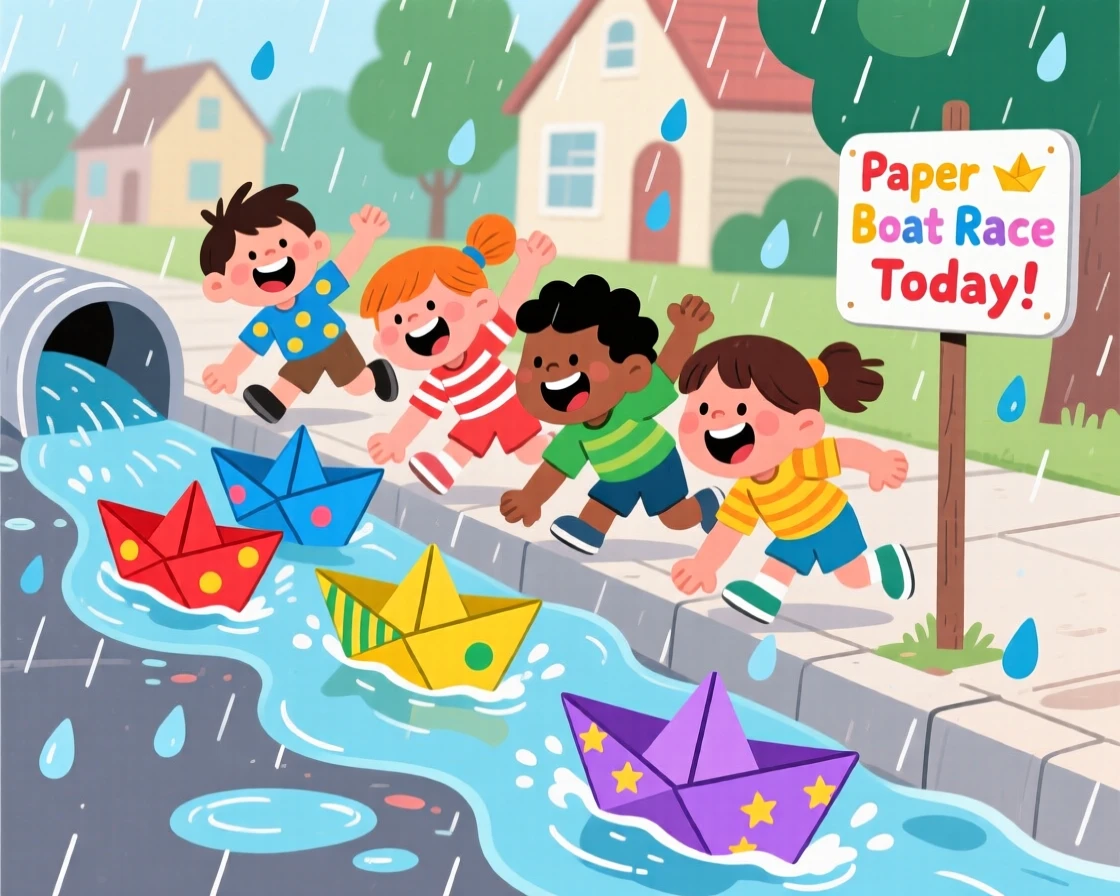 A group of kids racing paper boats down a rain gutter.