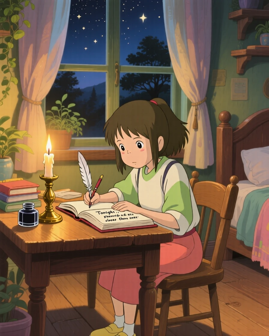 A girl writing in her diary by candlelight, warm lamplight spilling across the room, the whole scene feeling peaceful and unhurried.